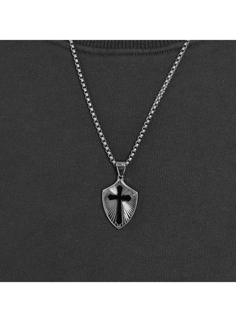 xozgdovg Stainless steel shield necklace folding fan pendant electric cross pendant hip-hop titanium jewelry/black
