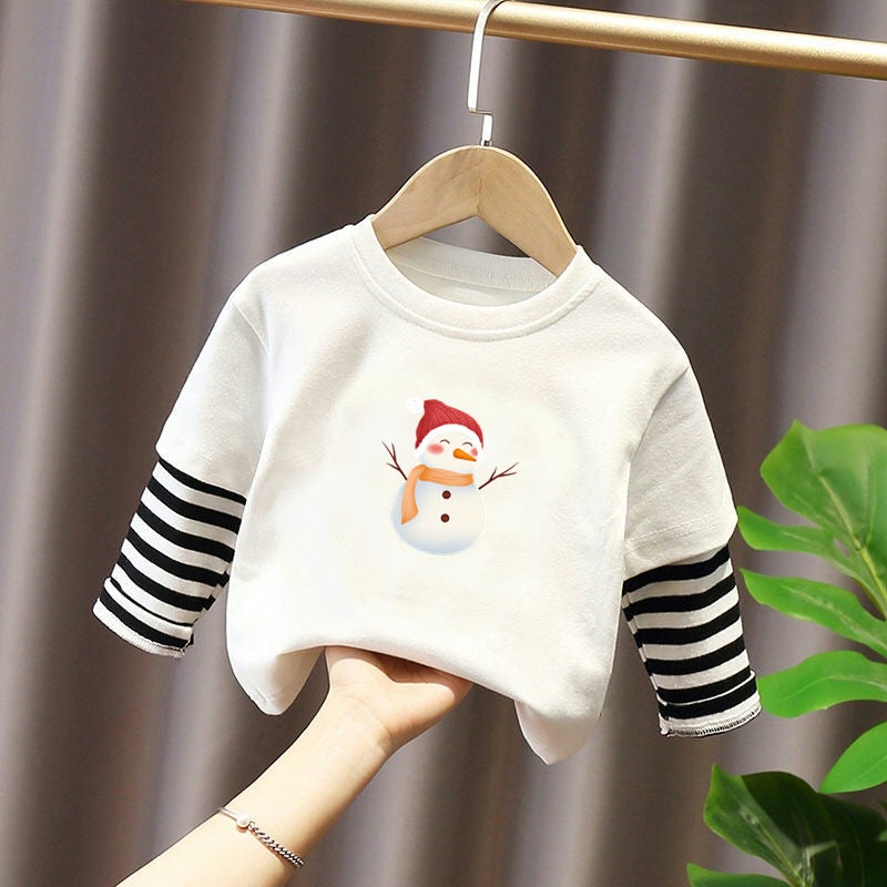 G2209# children handsome fake two T-shirt spring and autumn new Korean children's clothing children's striped stitching crew neck dozen - Image 5
