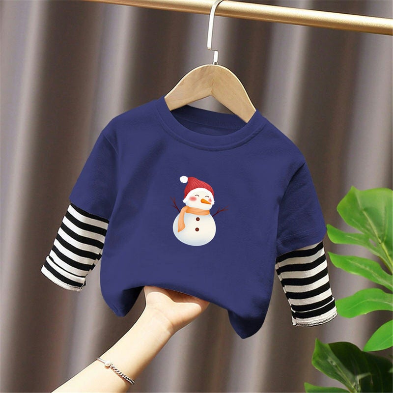 G2209# children handsome fake two T-shirt spring and autumn new Korean children's clothing children's striped stitching crew neck dozen - Image 4