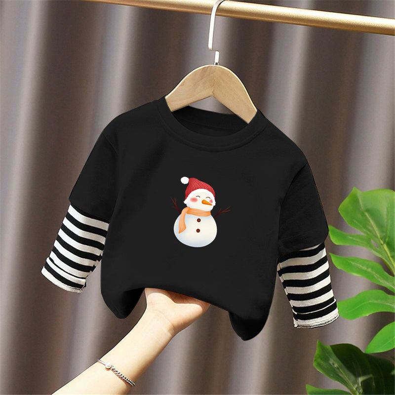 G2209# children handsome fake two T-shirt spring and autumn new Korean children's clothing children's striped stitching crew neck dozen - Image 1