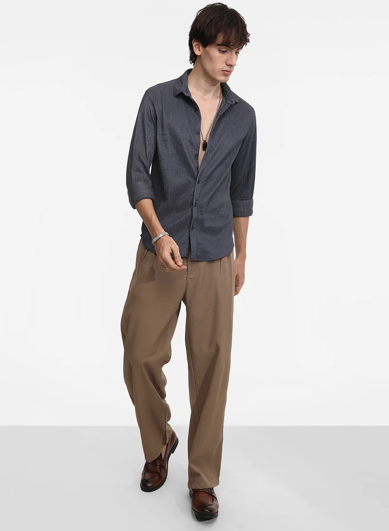 Campus Sutra Men's Powder Grey Solid Creased Shirt
