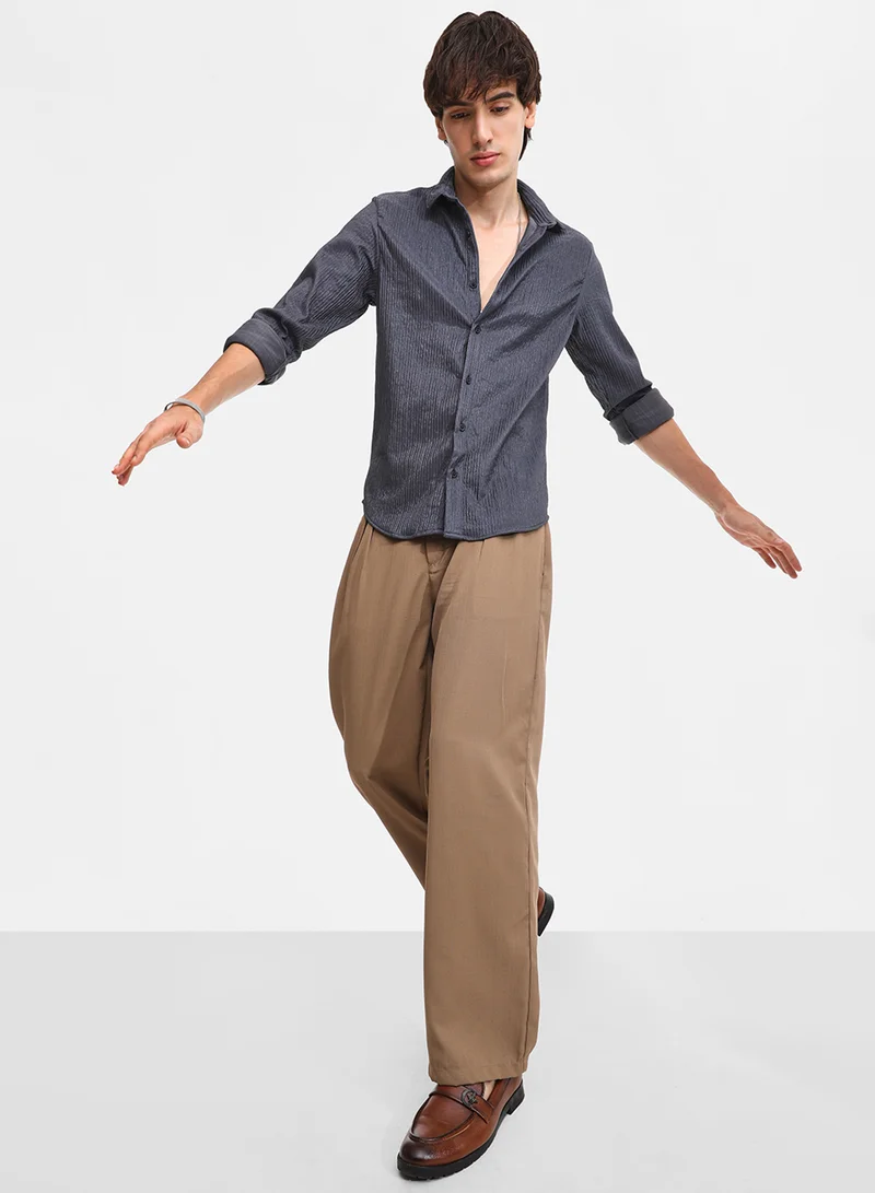 Campus Sutra Men's Powder Grey Solid Creased Shirt