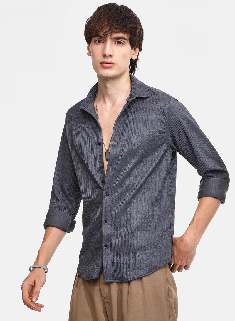 Campus Sutra Men's Powder Grey Solid Creased Shirt