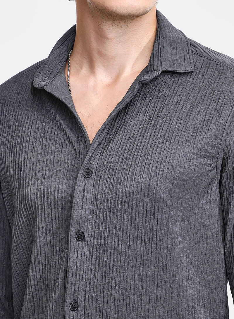 Campus Sutra Men's Powder Grey Solid Creased Shirt