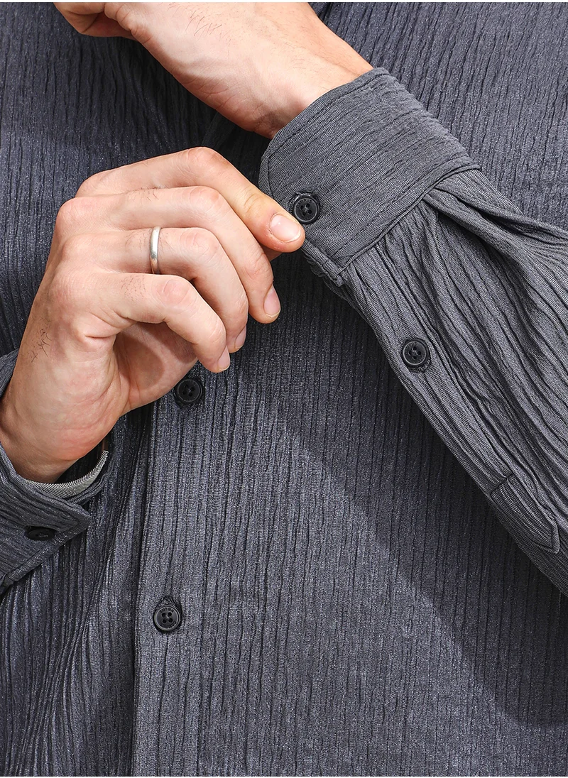 كامبوس سوترا Men's Powder Grey Solid Creased Shirt