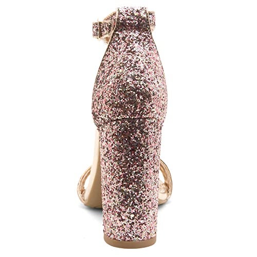 Herstyle Women’s Chunky Block Heels – Open Toe Ankle Strap Sandals, 3.75 Inch High Heels for Wedding, Party & Dressy Occasions – Comfortable Strappy Dress Shoes, RosegoldGlitter, Size 9.0, Rosemmina - Image 4