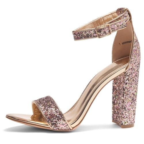 Herstyle Women’s Chunky Block Heels – Open Toe Ankle Strap Sandals, 3.75 Inch High Heels for Wedding, Party & Dressy Occasions – Comfortable Strappy Dress Shoes, RosegoldGlitter, Size 9.0, Rosemmina - Image 1