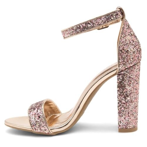 Herstyle Women’s Chunky Block Heels – Open Toe Ankle Strap Sandals, 3.75 Inch High Heels for Wedding, Party & Dressy Occasions – Comfortable Strappy Dress Shoes, RosegoldGlitter, Size 9.0, Rosemmina - Image 3