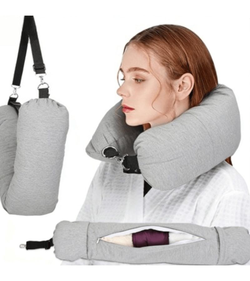 1PC Portable Travel U Shaped Neck Pillow Grey Fillable With Clothes Lightweight For Airplane Flight Picnic Daily Use Essential - Image 1