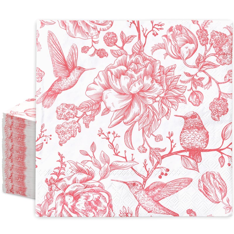 AnyDesign 80Pcs Pink Floral Paper Napkin Vintage Flower Bird Luncheon Napkin Disposable Dinner Napkin for Home Kitchen Tea Party Supplies  - Image 1