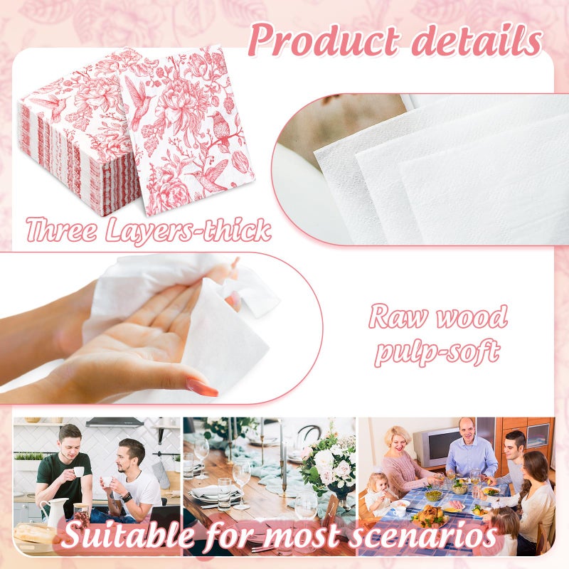AnyDesign 80Pcs Pink Floral Paper Napkin Vintage Flower Bird Luncheon Napkin Disposable Dinner Napkin for Home Kitchen Tea Party Supplies  - Image 3