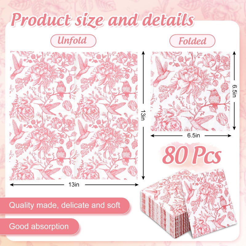 AnyDesign 80Pcs Pink Floral Paper Napkin Vintage Flower Bird Luncheon Napkin Disposable Dinner Napkin for Home Kitchen Tea Party Supplies  - Image 2