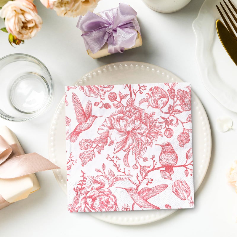 AnyDesign 80Pcs Pink Floral Paper Napkin Vintage Flower Bird Luncheon Napkin Disposable Dinner Napkin for Home Kitchen Tea Party Supplies  - Image 5