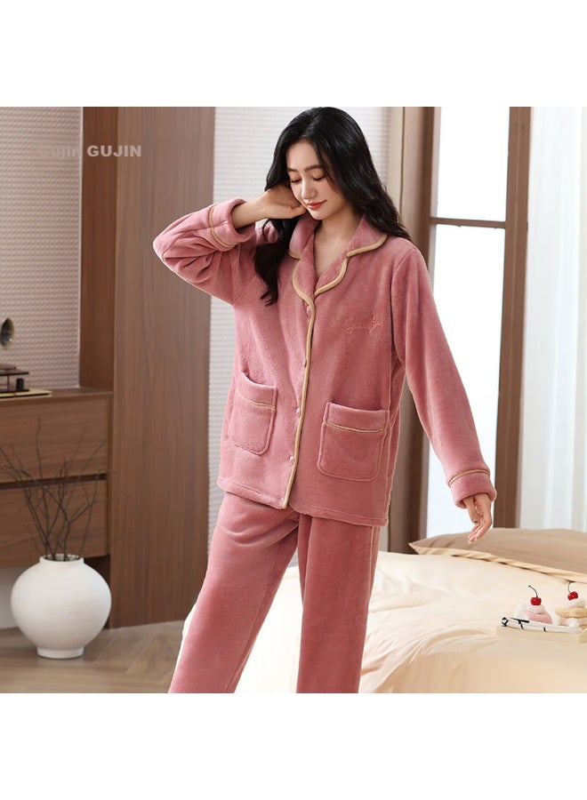 Gujin Women's Autumn Winter Coral Fleece Long Sleeve Lapel Cardigan New Comfortable Wearable Homewear Pajamas
