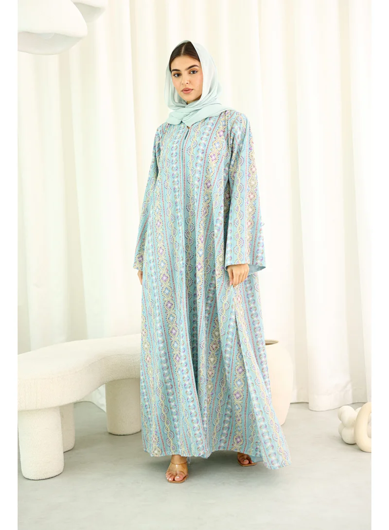 IKKXA Maxi Cut Design Spring Printed Light Blue Abaya