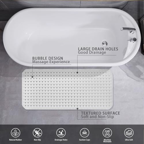 SELIBRE Extra Large Non-Slip Bathtub Mat, 36x17” TPR Shower Mat with 198+ Suction Cups, Bath Mat for Elderly/Kids, Machine Washable & Fast Drainage, Foot Massage Design (White, Extra Large) - Image 4