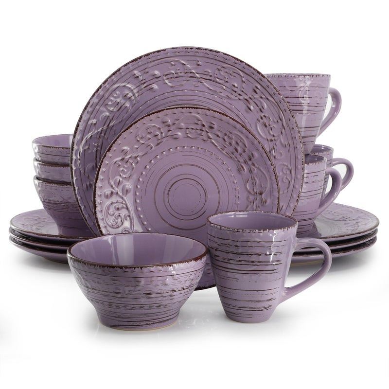 Elama Malibu Mica 16-Piece Stoneware Embossed Pattern Reactive Glaze Purple Dinnerware Set, Tableware, Serveware Set (Mica Purple) - Image 1