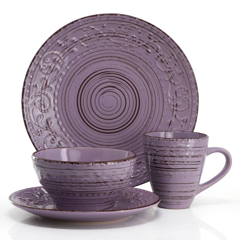 Elama Malibu Mica 16-Piece Stoneware Embossed Pattern Reactive Glaze Purple Dinnerware Set, Tableware, Serveware Set (Mica Purple) - Image 2