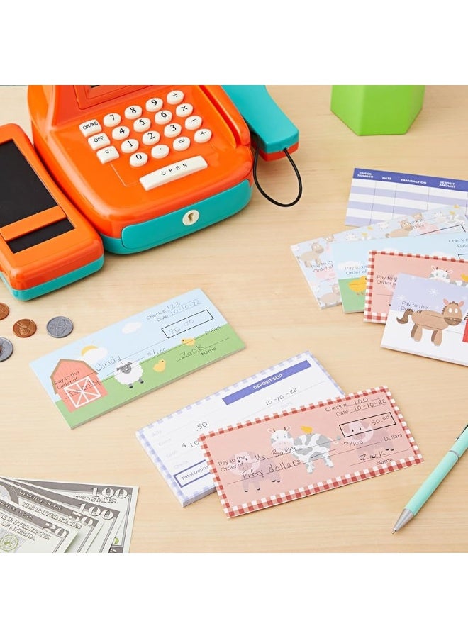 Blue Panda BLUE PANDA 150 Sheets Fake Checkbook for Kids Learning with Pretend Deposit Slip and Check Register for Play School Supplies, Farm Animals Themed  - Image 4
