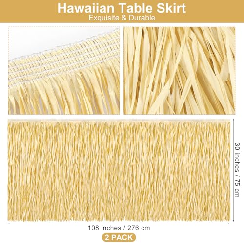 Fovths 2 Packs Luau Grass Table Skirt Fringe Straw Grass Skirt 108 x 30 Inch Hibiscus Hawaiian Table Skirts Rectangle Tropical Luau Party Decorations for Hawaiian Luau Decorations - Image 2