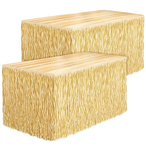Fovths 2 Packs Luau Grass Table Skirt Fringe Straw Grass Skirt 108 x 30 Inch Hibiscus Hawaiian Table Skirts Rectangle Tropical Luau Party Decorations for Hawaiian Luau Decorations - Image 1
