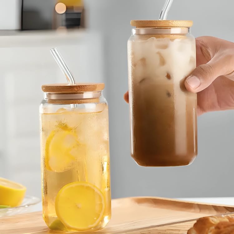 FOMQUAZLI FOMQUAZLI Drink Glasses Can Shaped Cocktail Glasses Beer Mug Glass Tumblers with Wooden Lid and Straw Iced Coffee Soda Can Glasses Cool Mug Set 480ML Capacity Iced Tea Glasses - Image 2