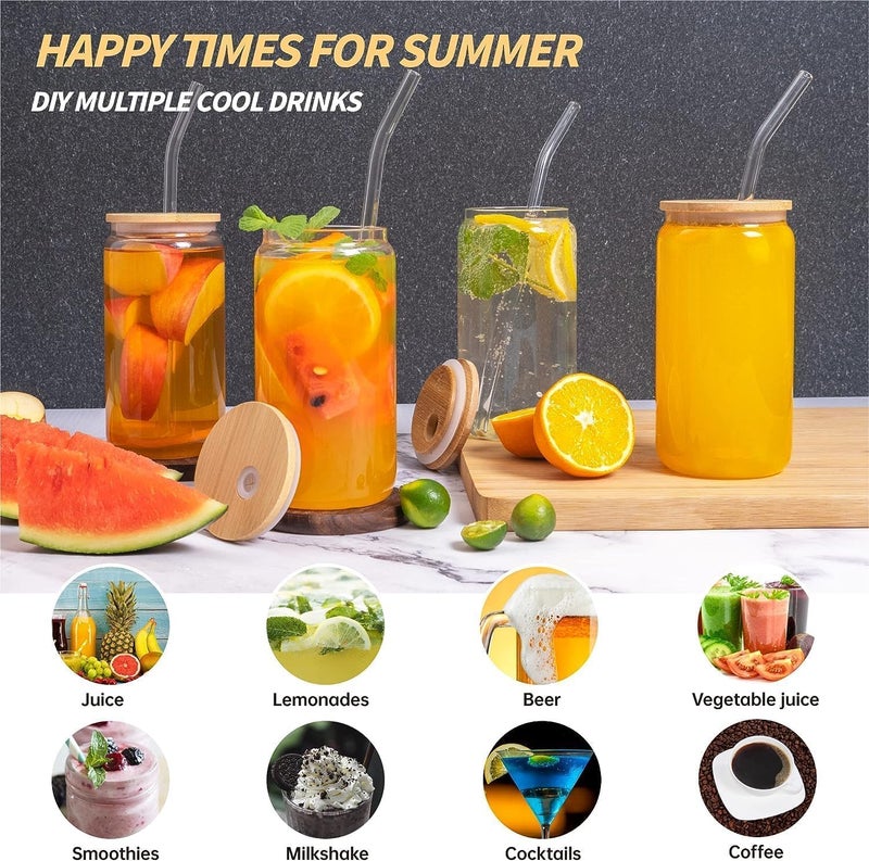 FOMQUAZLI FOMQUAZLI Drink Glasses Can Shaped Cocktail Glasses Beer Mug Glass Tumblers with Wooden Lid and Straw Iced Coffee Soda Can Glasses Cool Mug Set 480ML Capacity Iced Tea Glasses - Image 3