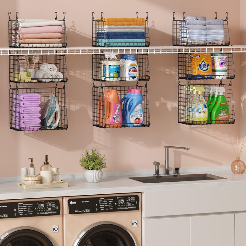 Sonyabecca 4-Pack Hanging Laundry Room Organizerï¼šFoldable Laundry Room Organizaton Wire Basket with 360Â°Rotating Hooks Space Saving Over Washer and Dryer Shelves - Metal Laundry Basket Storage, Black Patent - Image 3