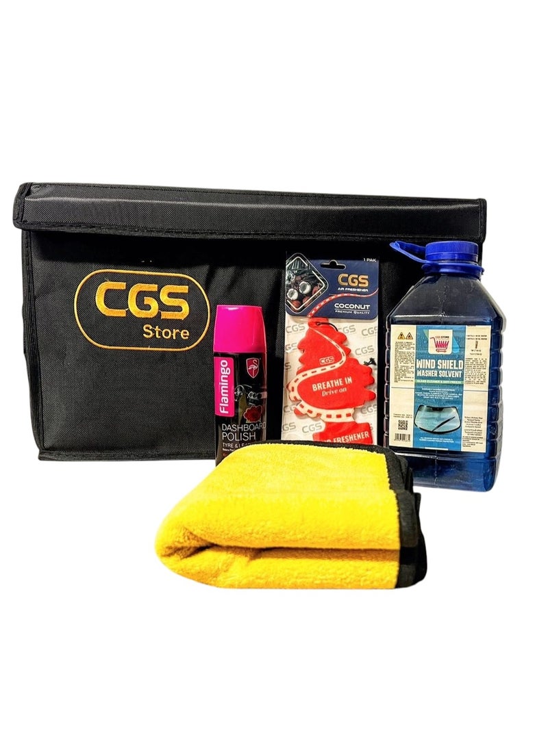 سي جي اس مجموعة العناية الكاملة بالسيارة ملمع لوحة القيادة فلامنجو، وماء مسح الزجاج من سي جي إس، ومعطر جو برائحة جوز الهند، ومنشفة غسيل ماصة (40×40 سم) - Image 1