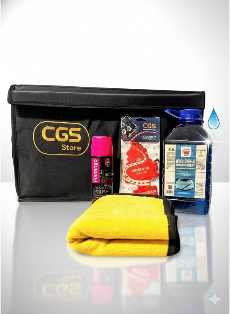 سي جي اس مجموعة العناية الكاملة بالسيارة ملمع لوحة القيادة فلامنجو، وماء مسح الزجاج من سي جي إس، ومعطر جو برائحة جوز الهند، ومنشفة غسيل ماصة (40×40 سم) - Image 3