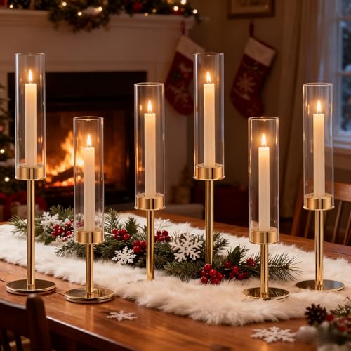 Batoslee Gold Hurricane Candle Holders Set of 6, Tall Metal Windproof Glass Taper Candle Holder for Candlestick, Candle Sticks Decor, Table Centerpieces for Wedding, Candlelit Dinner Party Fireplace Decoration - Image 1