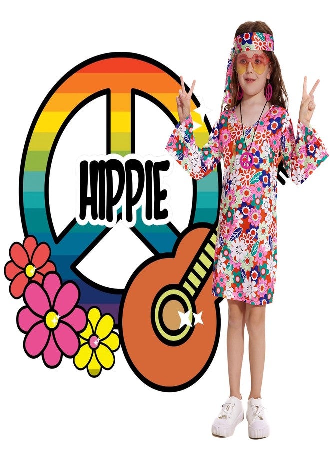 MRYUWB 70s Hippie Dress for Girls, 1970s Outfits Peace Sign Necklace Headband, 60s Themed Party Costumes for Kids 5-14 Years (Flower Power Pink, 5-6 Years) - Image 5