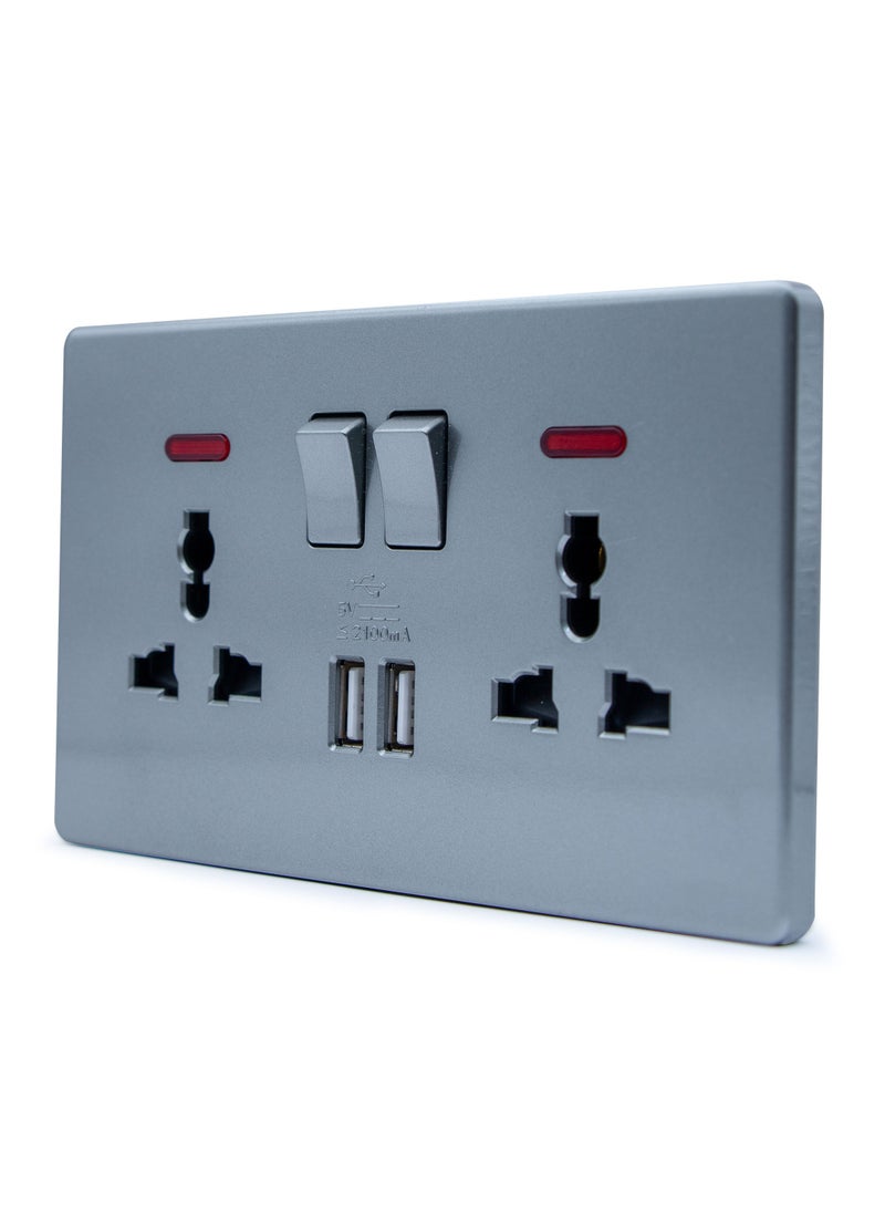 Duravel Duravel Double Wall Socket with USB Ports, 2 Switches with LED Indicators, 2100mA Charging, Grey  - Image 2