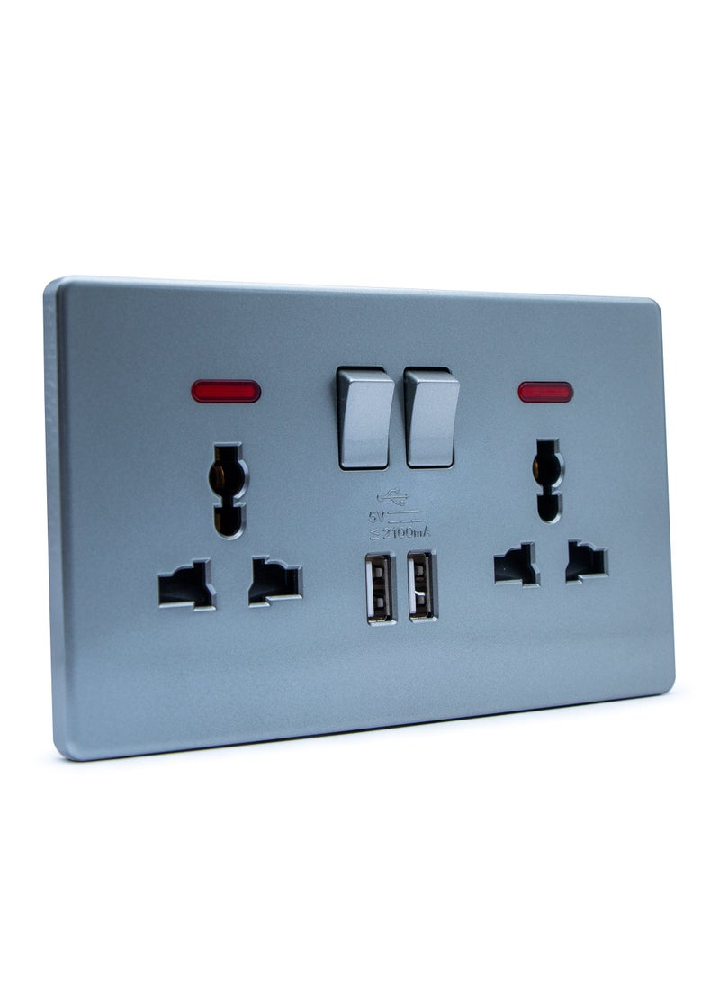 Duravel Duravel Double Wall Socket with USB Ports, 2 Switches with LED Indicators, 2100mA Charging, Grey  - Image 1