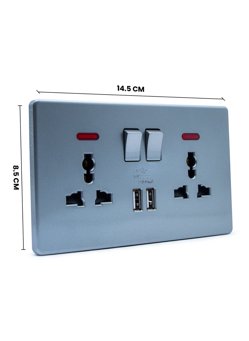 Duravel Duravel Double Wall Socket with USB Ports, 2 Switches with LED Indicators, 2100mA Charging, Grey  - Image 4