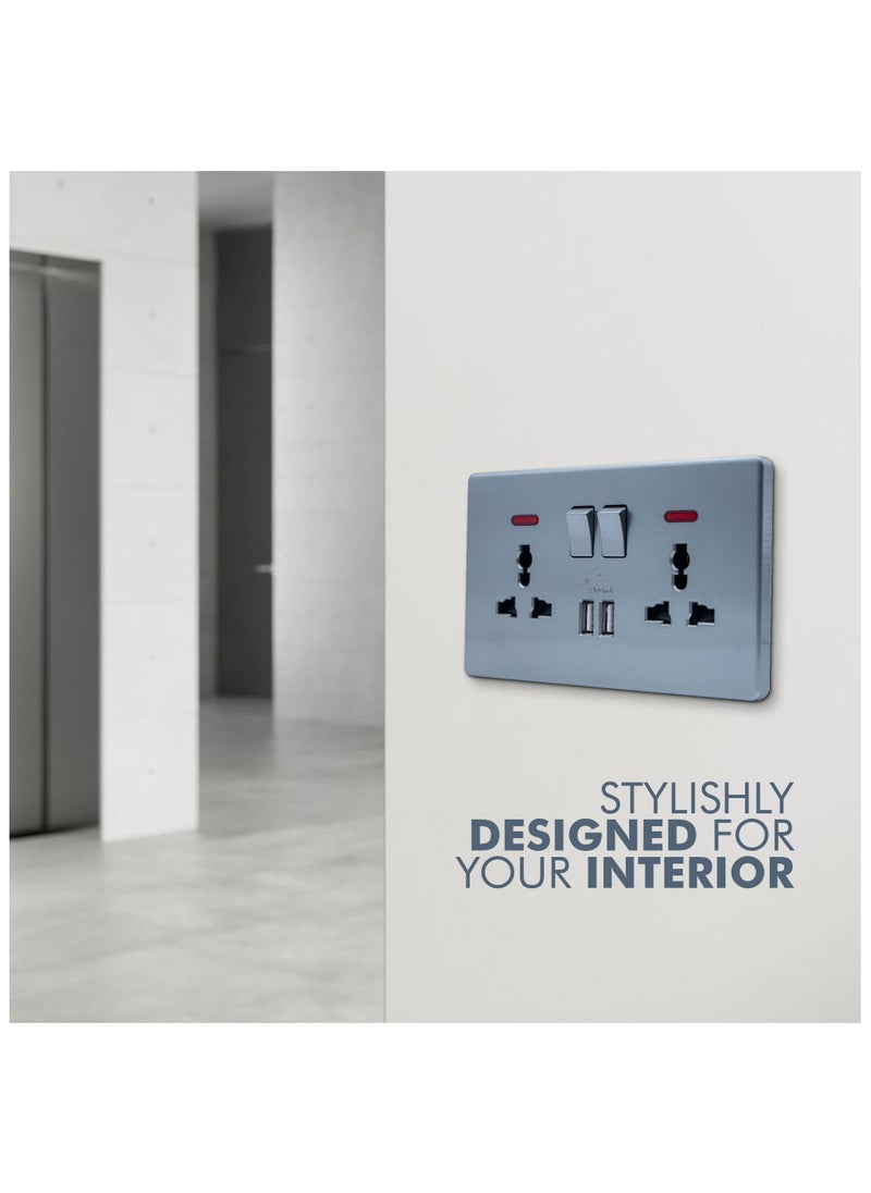 Duravel Duravel Double Wall Socket with USB Ports, 2 Switches with LED Indicators, 2100mA Charging, Grey  - Image 5