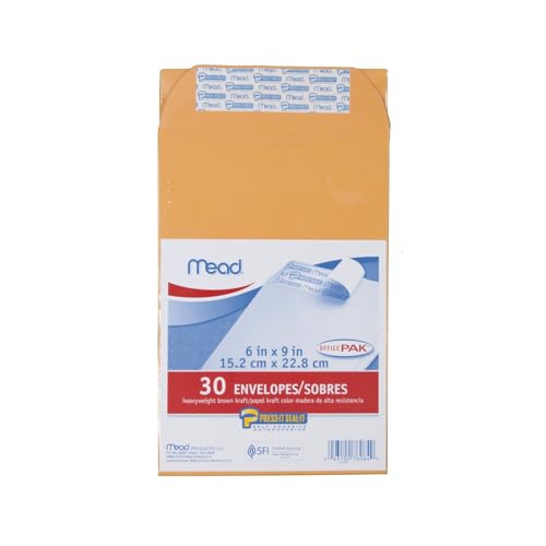 Mead Envelopes, Letter Size, 6" x 9", Press-It Seal-It Self Adhesive Closure, Brown Kraft All-Purpose 24-lb Paper Mailing Envelopes, 30 Count (76084) - Image 1