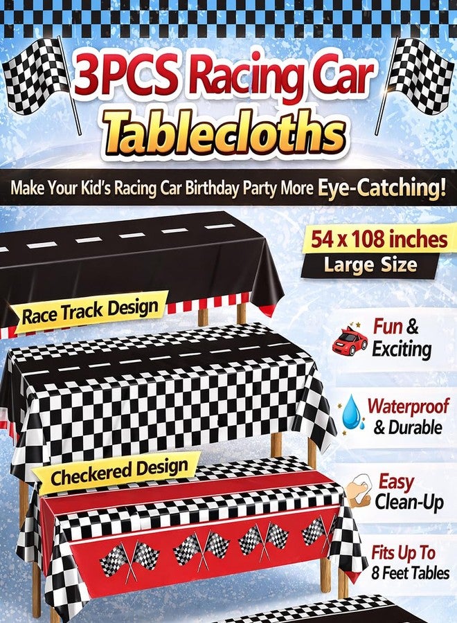 EUVBOKW 3pcs Checkered Racing Car Plastic Tablecloth,Race Birthday Party Decorations Disposable Table Cloth for Boys Car Theme Birthday Party Supplies,54 * 108 Inches - Image 3