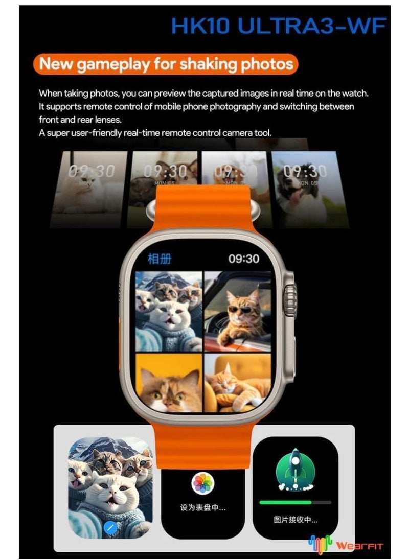 HK - HK10 Ultra 3 -WF Smart Watch - Amoled Screen - 49mm - Multi Functional - WIFI Version - 2 Straps ( Silicone - Cloth ) - Orange - Image 1