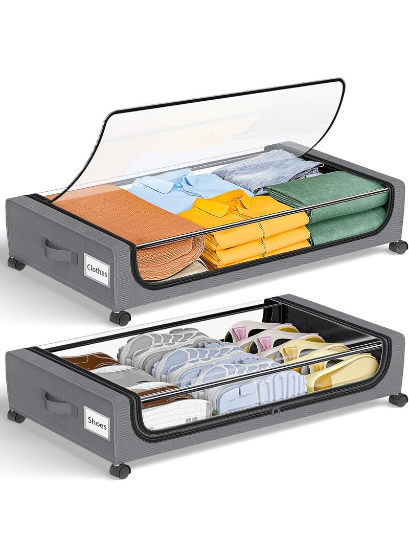 كيلا قطعتان من صناديق التخزين أسفل السرير بعجلات، مقاس كبير جدًا، مع أغطية، وحاويات تخزين دوارة للملابس والأحذية في غرفة النوم - أدراج معدنية - Image 1