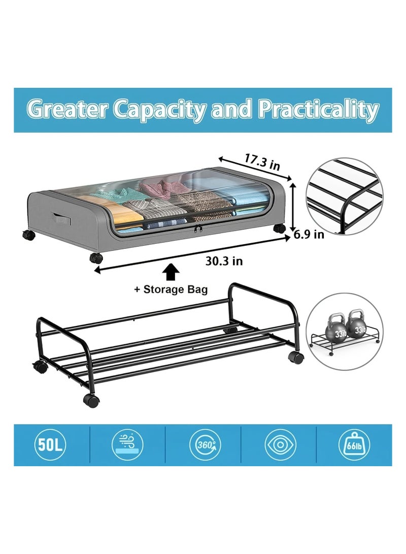 كيلا قطعتان من صناديق التخزين أسفل السرير بعجلات، مقاس كبير جدًا، مع أغطية، وحاويات تخزين دوارة للملابس والأحذية في غرفة النوم - أدراج معدنية - Image 3