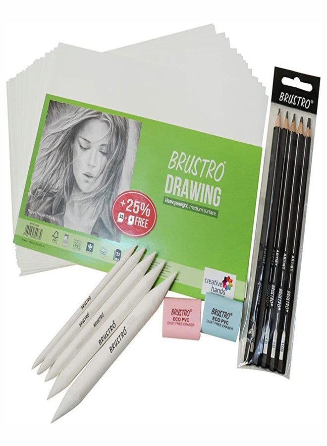 BRUSTRO Creative Artists Drawing Papers (200 GSM, A5, 40 Sheets) with Blending Stump Set with 2 ECO-PVC Dust-Free Erasers and Fineart Graphite Pencils - Set of 5 - Image 1