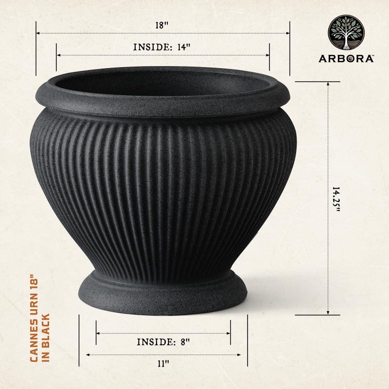 ARBORA 18" Cannes Urn Polyresin Indoor and Outdoor Planter with Classic Black Finish - Durable, Weatherproof, Lightweight, Large Plant Pot for Patio, Garden, Deck, Entryway - Image 2