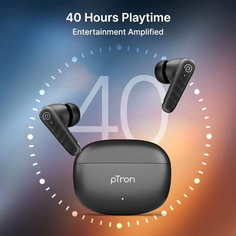 PTron سماعات أذن Bassbuds Spark اللاسلكية بتقنية TWS مع صوت ستيريو، 40 ساعة من وقت التشغيل، مكالمات ستيريو، سماعات بلوتوث V5.3 مع اقتران سريع، تحكم باللمس، مساعد صوتي، شحن Type C ومقاومة للماء IPX5 (أسود) - Image 3