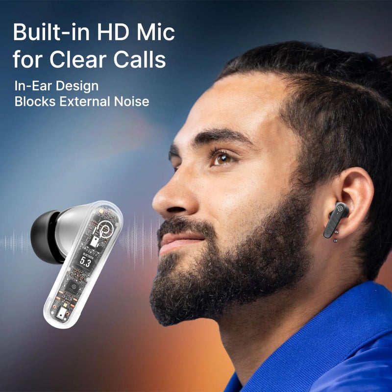 PTron سماعات أذن Bassbuds Spark اللاسلكية بتقنية TWS مع صوت ستيريو، 40 ساعة من وقت التشغيل، مكالمات ستيريو، سماعات بلوتوث V5.3 مع اقتران سريع، تحكم باللمس، مساعد صوتي، شحن Type C ومقاومة للماء IPX5 (أسود) - Image 2