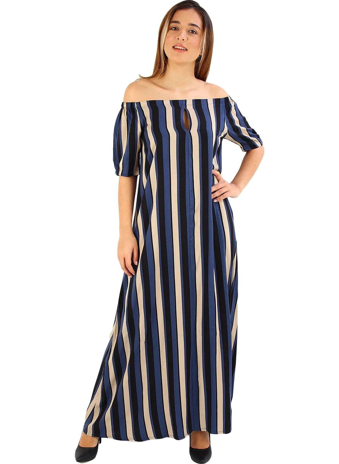 الكسندر جاردي Striped Madonna Collar Maxi Dress Black-Beige-Blue (B19-139304)