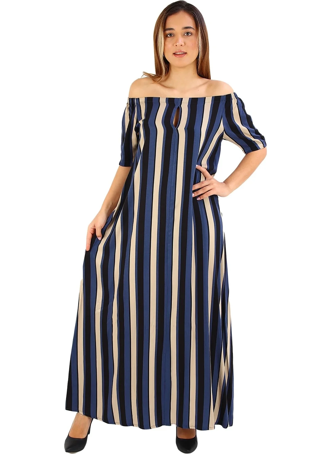الكسندر جاردي Striped Madonna Collar Maxi Dress Black-Beige-Blue (B19-139304)