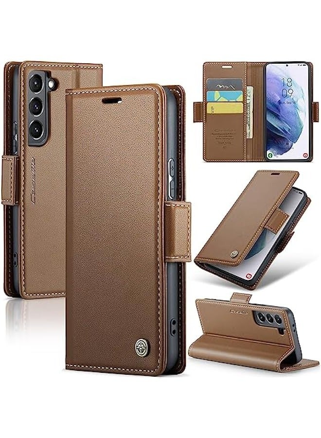 RFID Blocking Case for Samsung Galaxy S21 - Card Holder, Durable Leather, Kickstand, Magnetic Closure, Shockproof Flip Case (Brown) - Image 1
