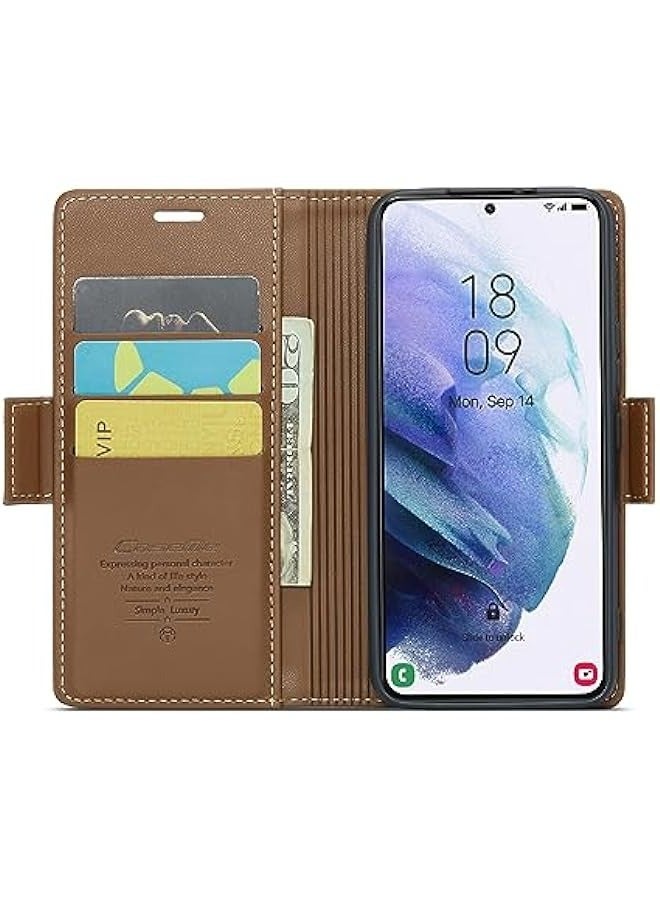 RFID Blocking Case for Samsung Galaxy S21 - Card Holder, Durable Leather, Kickstand, Magnetic Closure, Shockproof Flip Case (Brown) - Image 2