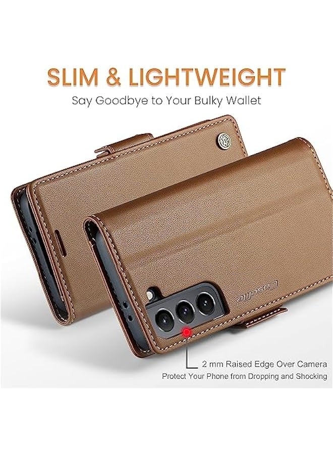 RFID Blocking Case for Samsung Galaxy S21 - Card Holder, Durable Leather, Kickstand, Magnetic Closure, Shockproof Flip Case (Brown) - Image 3